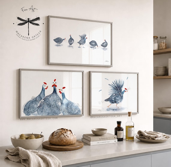 Guinea Fowl Set of 3, Watercolor Art Print, Farmhouse Kitchen Wall Art, Rustic Animal Artwork, by Macarena Ortega