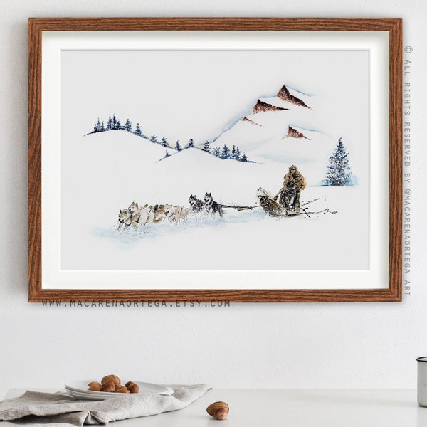 Hund Schlitten Kunstdruck Schlitten Gemälde Holzschlitten husky Hunde Druck Ski Aquarell Sport Landschaft Aquarell Outdoor Skisport verschneit (100)