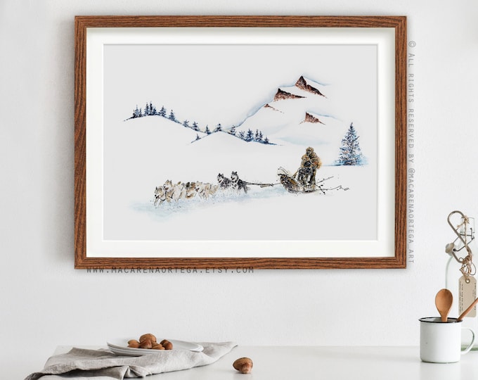 Dog SLED art print Sled painting wooden Sleddog husky dogs print Ski watercolor Sport landscape watercolor outdoor skiing print snowy (100)