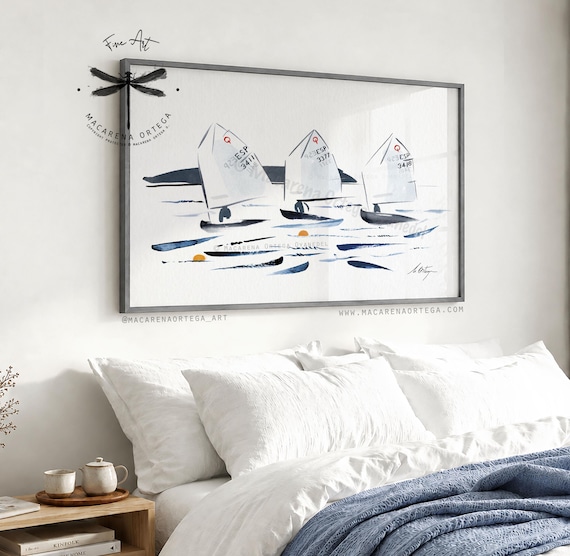 Optimist Regatta, Watercolor Art Print, Sailing Boats Artwork, Coastal Ocean Wall Art, by Macarena Ortega | N193