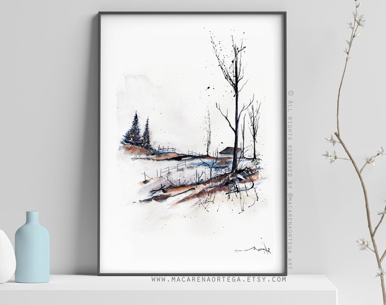 FarmHouse painting Watercolor Nº41 print Mountain snowy forest art print snow landscape Winter nature 41 image 5