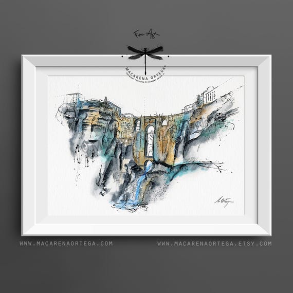 Puente Nuevo, Ronda Watercolor Art Print | Andalusia Travel Poster, Spain Architecture Illustration, Málaga Wall Art | Macarena Ortega | N96
