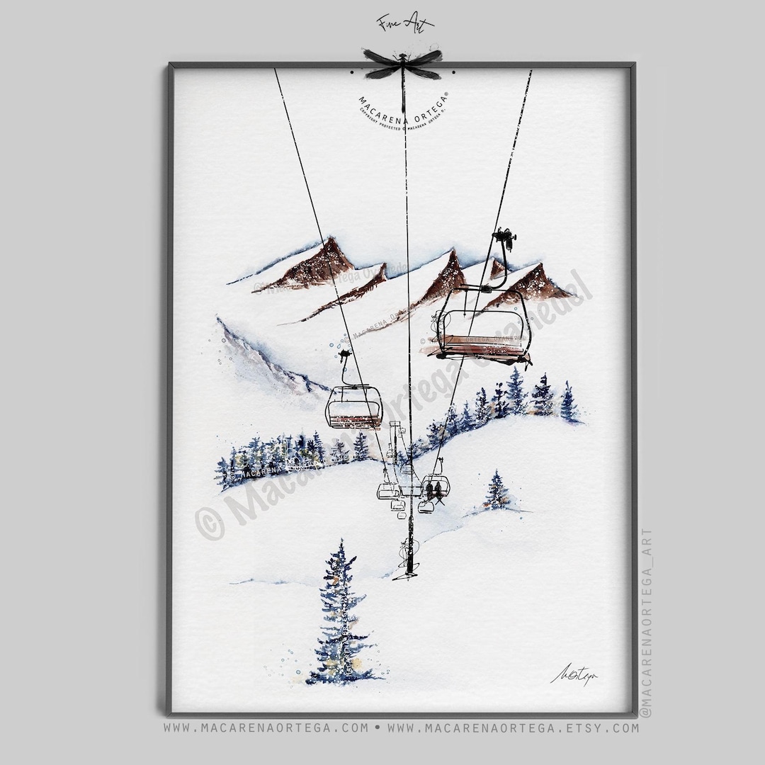 5669)デリア・レイス　版画「Winter Vacation」22/30 Chairlift Watercolor Art Print | Mountain Lift Station Painting