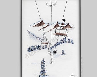 Chairlift Watercolor Art Print | Mountain Lift Station Painting