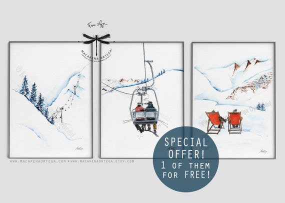 Skiers Couple Watercolor Fine Art Prints SET of 3, 1 of them for free! Special Offer home decor ski art Christmas gift, San Valentine's