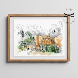 Stampa artistica ad acquerello di Montserrat, Catalogna / Illustrazione di viaggio in Spagna, Arte murale di Barcellona, Paesaggio montano / Arte di Macarena Ortega / N33