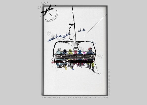 Family of 7 in chairlift art print watercolor Skier artwork Ski lift art skis print snowboarder Sport skiing ski resort ski center painting