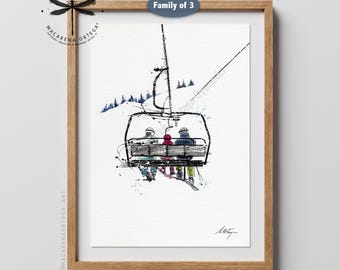 Lámina artística Familia de 3 en un telesilla, ilustración de esquí y snowboard en acuarela / Regalo para amantes del esquí / Decoración de pared de invierno / N05