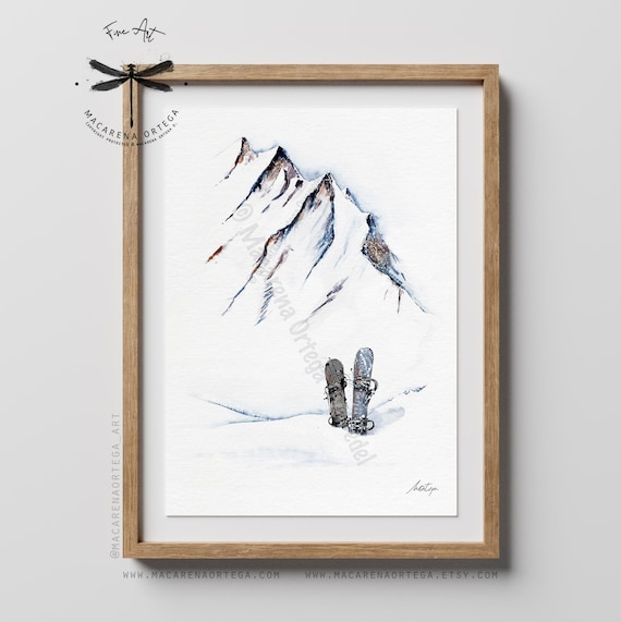 Snowboard & Mountain Watercolor Art Print | Snowboarder Skier Painting | Skiing Art Snow Sport | Gift for Skier Lovers, Skiing Prints | N48