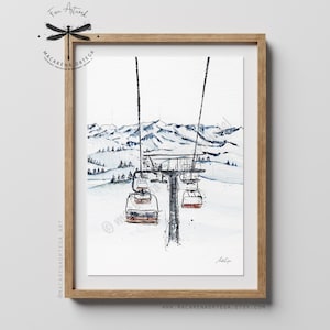 Chairlift Watercolor Art Print | Skiing Lift Ski Center Skiing Artwork Apres Ski Sport Decor Pyrenees Ski Print | by Macarena Ortega | N128