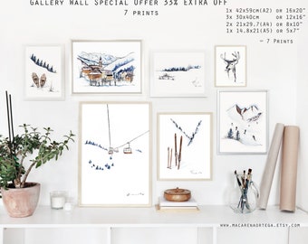 SET of 7 print of SKI ART Wall art collection, 33% Off