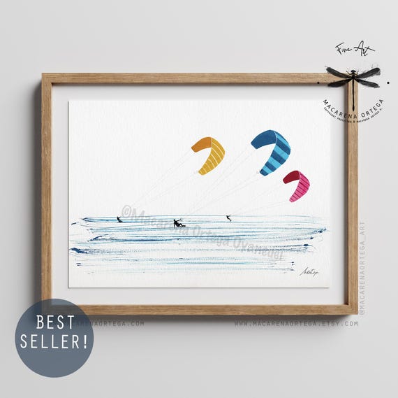 Kitesurf Watercolor Art Print | kitesurfing Artwork, Kite Surfing, Wall Art, Water Sports Art, Summer vibes | Macarena Ortega | N120