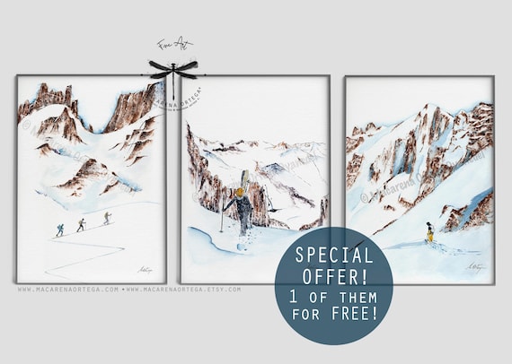 Mountain Backcountry Watercolor Fine Art Prints SET of 3, 1 of them for free!! home decor prints ski wall freeriders skiers splitboard