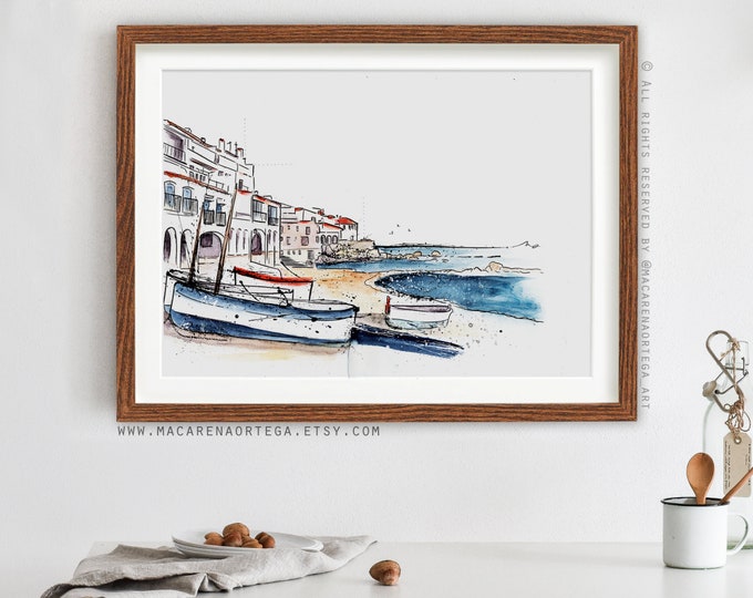 Calella de Palafrugell watercolor painting Costa Brava Ampurdán art prints watercolor Spain mediterranean beach Art Print (065)