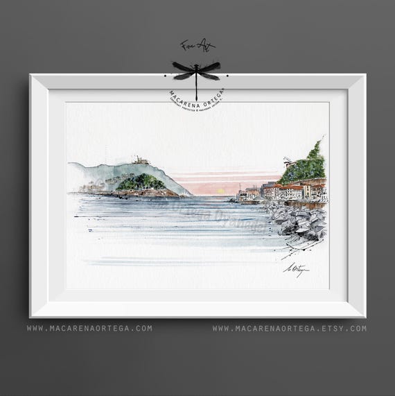 La Concha Bay, San Sebastián Watercolor Art Print | Basque Coast Decor, Donostia Travel Poster, Spain Seascape | Macarena Ortega Art | N108