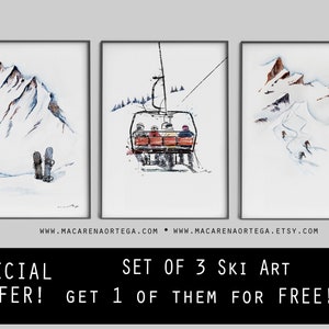 SKIING ART SET of 3 prints 1 of them for free!! Special Offer Friends in Chairlift, Snowboard and Skiers Mountain home ski art prints ski