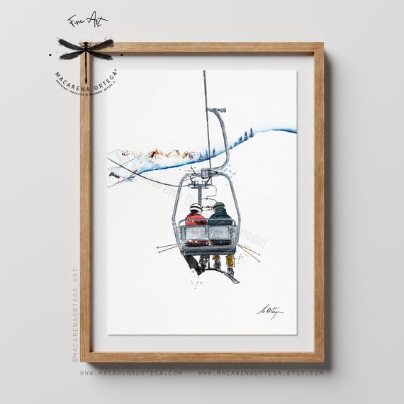 Couple in Vintage Chairlift Watercolor Art Print | Baqueira Beret Ski Resort, Cap de Port, Chairlift Bonaigua Ski Art, Ski Lovers | N205