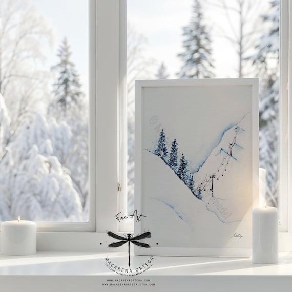 Mountain Chairlift Watercolor, Art Print, Ski Resort Landscape, Winter Wall Art, by Macarena Ortega | N97