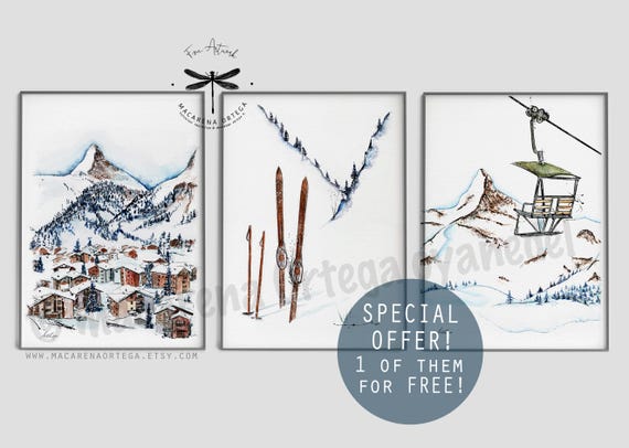 Zermatt Vintage Ski, Set SET of 3 Artwork 1 of them for FREE!!  Special Offer Old Chairlift, Mountainers Prints Ski Wall Christmas Gift