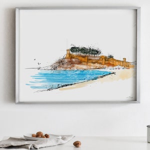 N176 | Impression d'art Tossa de Mar | Aquarelle sur la Costa Brava, tableau sur une plage méditerranéenne, art mural de voyage en Espagne, croquis de la côte de Barcelone | Côtière