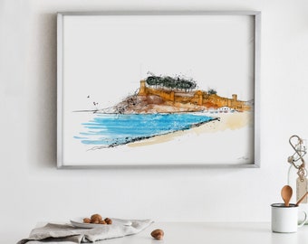 Tossa de Mar Painting (Nº176) art prints Costa Brava Sketching watercolor mediterranean beach Spain Barcelona art print Art Print (176)