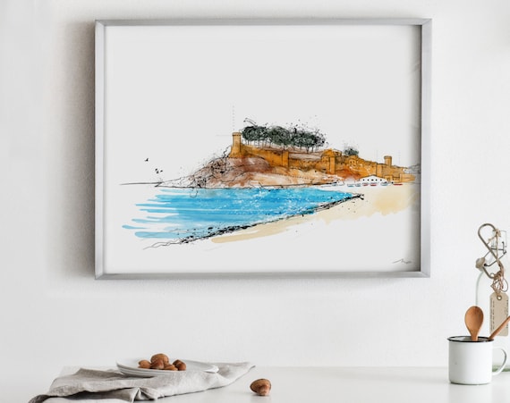 N176 | Tossa de Mar Art Print | Costa Brava Watercolor, Mediterranean Beach Painting, Spain Travel Wall Art Barcelona Coast Sketch | Coastal