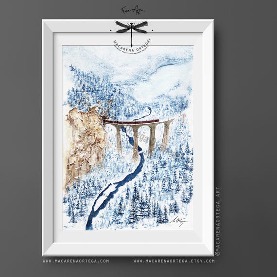 Glacier Express on Landwasser Viaduct Art | Swiss Alps Watercolor Print, Zermatt to St. Moritz Scenic Train Art | Travel Wall Art | N152