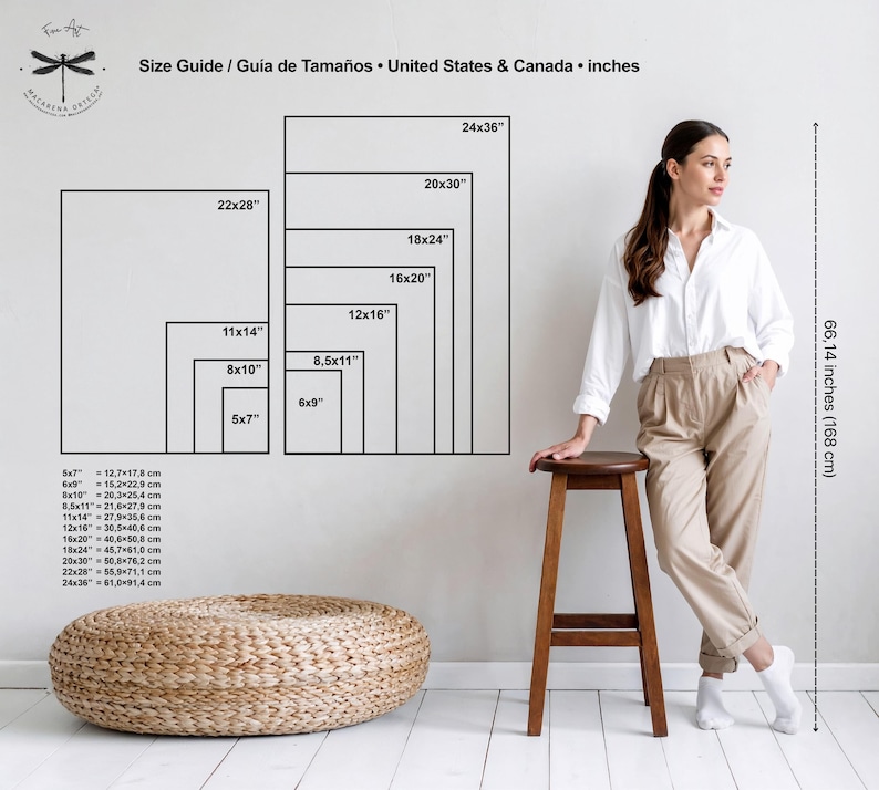 May include: Image showing a size guide for art prints in inches, with a woman standing next to a stool. The guide includes dimensions like 5x7, 8x10, 11x14, 16x20, 24x36 inches. The woman is 66.14 inches tall.