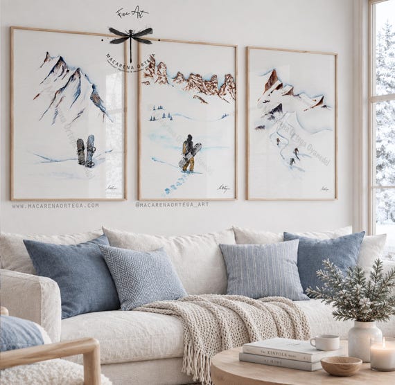 Snowboard Freeride Collection Watercolor, Art Prints Set of 3, Winter Mountain Wall Art, by Macarena Ortega