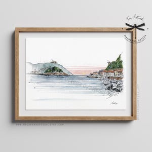 Bahía de La Concha, Impresión de arte acuarela de San Sebastián / Decoración de la costa vasca, Cartel de viaje de Donostia, Paisaje marino de España / Arte Macarena Ortega / N108