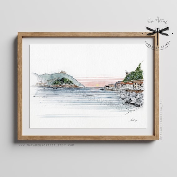 La Concha Bay, San Sebastián Watercolor Art Print | Basque Coast Decor, Donostia Travel Poster, Spain Seascape | Macarena Ortega Art | N108