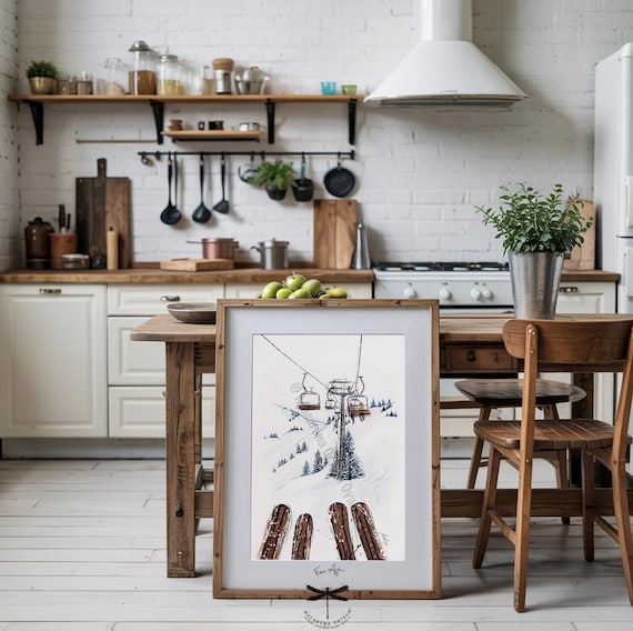 Two Skiers in ChairLift Art Print Watercolor | Wooden Skis, Ski Lift Artwork, Skiing Decor Painting | Apres Ski | Macarena Ortega | N77