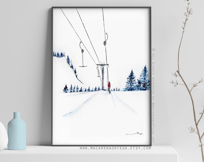 Ski Lift snowboard art (Nº36) skilift print watercolor Skilift painting skis print chairlift watercolor Snowy skiing art snowy Skier (36)