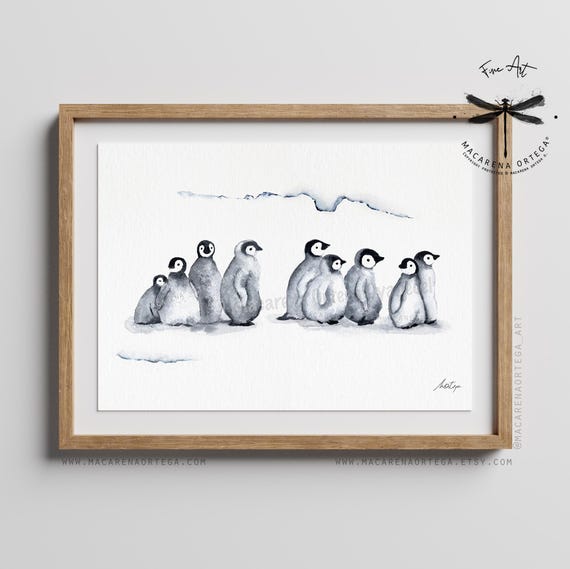 Cute Eight Little Penguins Art Print, Baby Penguin Watercolor | Minimalist Arctic Animal Nursery Decor, Nordic Winter Wall Art Gift | N170