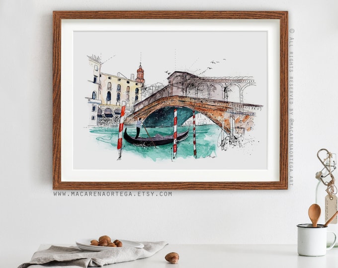Ponte di Rialto Venice Painting Italy Painting Venezia Art Print The Rialto Bridge Italy Venecia bridge art print Sketch Puente Europe (018)