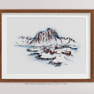 Aquarelle des Lofoten, Norvège, peinture Moskenesøya Mountain impression d'art Nordland Nº67 Art de la neige du cercle arctique Impression d'art du pôle Nord 67 image 4