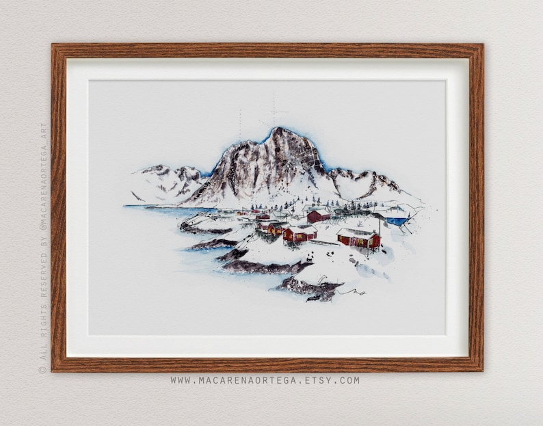 Aquarelle des Lofoten, Norvège, peinture Moskenesøya Mountain impression d'art Nordland Nº67 Art de la neige du cercle arctique Impression d'art du pôle Nord 67 image 4