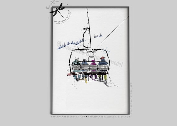 Family 2 kids in Chairlift art print skilift watercolor Skier Ski lift skis print snowboarder Sport skiing ski resort painting ski resort