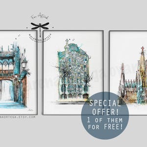 SET van 3 afdrukken van Barcelona 1 gratis erop Print Casa Batlló Gaudí, Pont of Bisbe en Sagrada Familia schets aquarel BCN