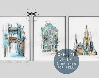 SET of 3 print of Barcelona 1 on them for free Casa Batlló Gaudí Print, Pont of Bisbe and Sagrada Familia Sketch watercolor Painting BCN