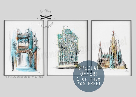 SET of 3 print of Barcelona 1 on them for free Casa Batlló Gaudí Print, Pont of Bisbe and Sagrada Familia Sketch watercolor Painting BCN