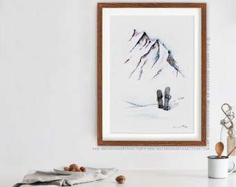 Snowboard painting watercolor (Nº48) print Skiing snowboarder skier Skiing art snowboard and mountain ski lovers skis print Sport Snowy (48)