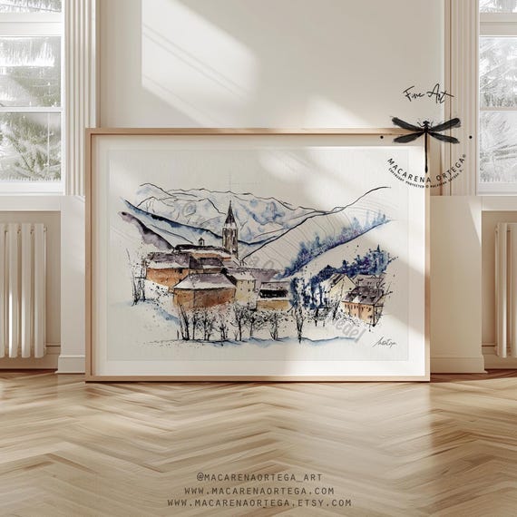 Unha Watercolor Art Print | Val d'Aran Snowy Town | Pirineos Winter Village | Spain Ski, Fine Art Giclée print | Salardú | Winter Decor | N6