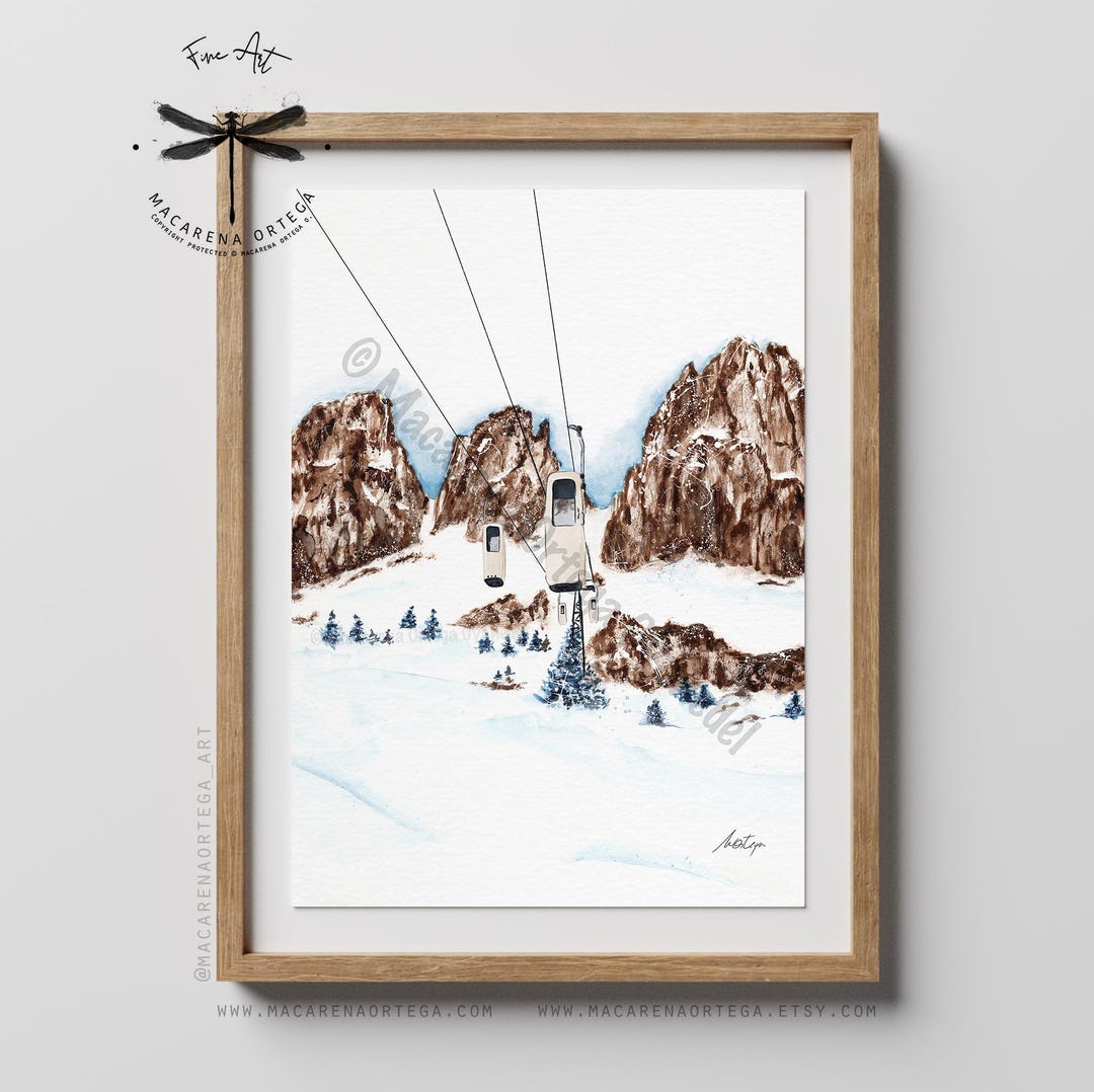 Dolomites Old Góndola Lift Art Print, Vintage Cabin Watercolor ...