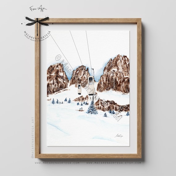 Dolomites Old Góndola lift Art Print, Vintage Cabin Watercolor | Nostalgic Retro Ski Italy | Alps Ski Lift Art | Macarena Ortega Art | N144