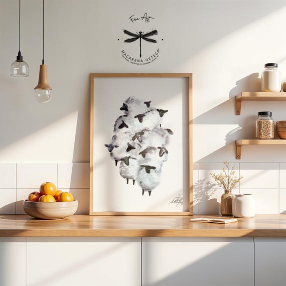 Cloud of Sheep Watercolor Art Print | Minimalist Farm Animal Nordic Country Decor, Rustic Alpine Home Style | Nursery Art, xmas gift | N165