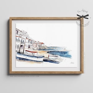 Aquarelle de Calella de Palafrugell | Paysage de la Costa Brava, plage méditerranéenne, décoration de voyage en Espagne | Décoration d'été nautique | N65