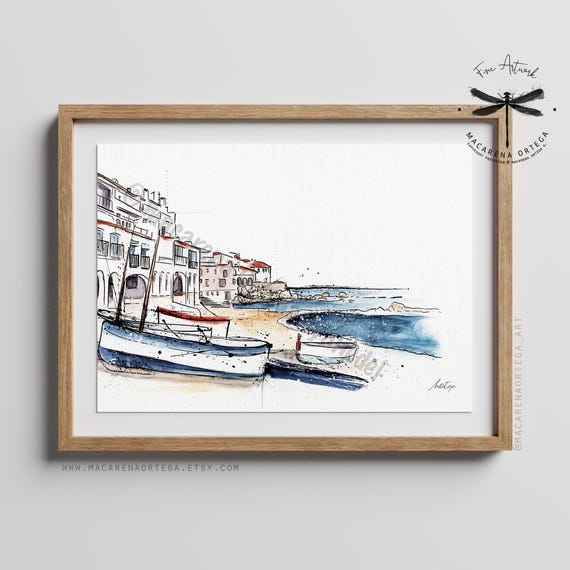 Calella de Palafrugell Watercolor Art Print | Costa Brava Landscape, Mediterranean Beach, Spain Travel Decor | Summer Decor Nautical | N65