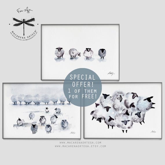 Sheep Clouds Watercolor Art Prints Set of 3 Playful Sheep Prints one of them for free! | Cute Nursery, Farm Animals | art by Macarena Ortega