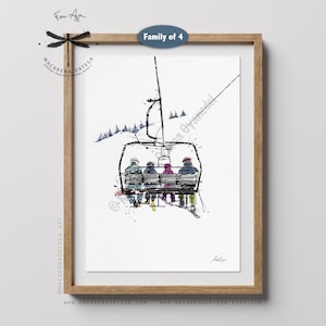 Family of 4 on a Chairlift, Watercolor Art Print, Winter Sports Artwork, Alpine Ski Resort Wall Art, by Macarena Ortega | N28
